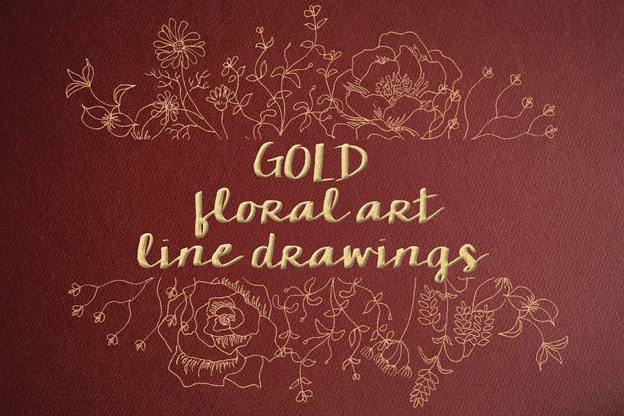 Floral line drawings in gold