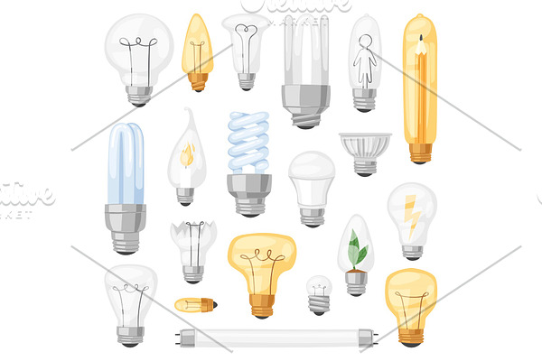 Light bulb vector lightbulb idea solution icon and electric lighting lamp cfl or led electricity and fluorescent light illustration set isolated on white background