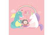 Cute cartoon dragon, unicorn and little girl