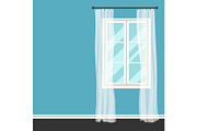 White plastic window with transparent curtains on wall