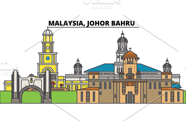 Malaysia, Johor Bahru. City skyline, architecture, buildings, streets, silhouette, landscape, panorama, landmarks. Editable strokes. Flat design line vector illustration concept. Isolated icons