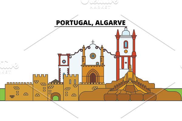 Portugal, Algarve. City skyline, architecture, buildings, streets, silhouette, landscape, panorama, landmarks. Editable strokes. Flat design line vector illustration concept. Isolated icons