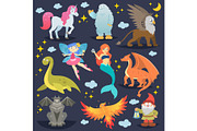 Mythological animal vector mythical creature phoenix or fantasy fairy and characters of mythology mermaid or unicorn and griffin illustration set of cartoon beasts isolated on background