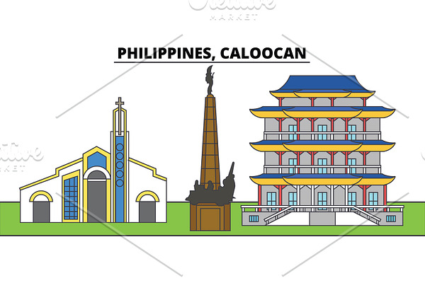 Philippines, Caloocan. City skyline, architecture, buildings, streets, silhouette, landscape, panorama, landmarks. Editable strokes. Flat design line vector illustration concept. Isolated icons