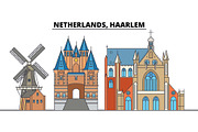 Netherlands, Haarlem. City skyline, architecture, buildings, streets, silhouette, landscape, panorama, landmarks. Editable strokes. Flat design line vector illustration concept. Isolated icons