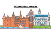 Netherlands, Utrecht. City skyline, architecture, buildings, streets, silhouette, landscape, panorama, landmarks. Editable strokes. Flat design line vector illustration concept. Isolated icons