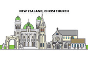 New Zealand, Christchurch. City skyline, architecture, buildings, streets, silhouette, landscape, panorama, landmarks. Editable strokes. Flat design line vector illustration concept. Isolated icons