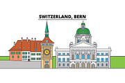 Switzerland, Bern. City skyline, architecture, buildings, streets, silhouette, landscape, panorama, landmarks. Editable strokes. Flat design line vector illustration concept. Isolated icons