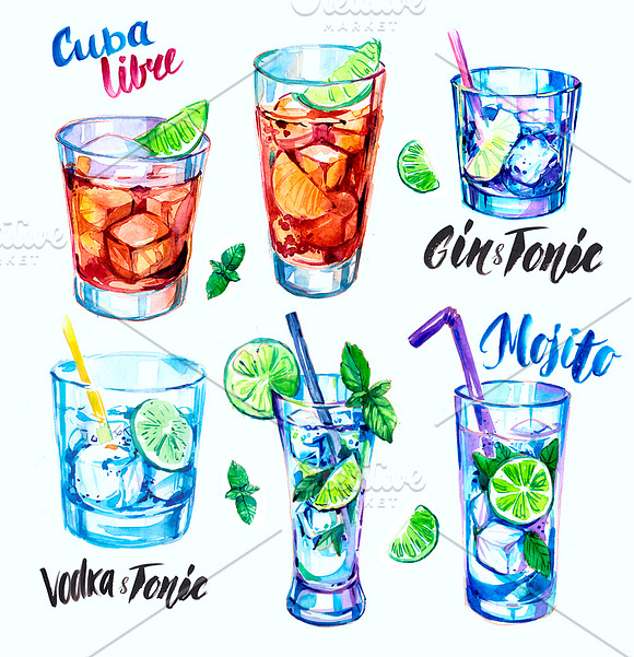 Cocktails. Watercolor set in Illustrations - product preview 1