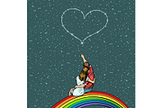 couple in love looks at the heart and sits on a rainbow