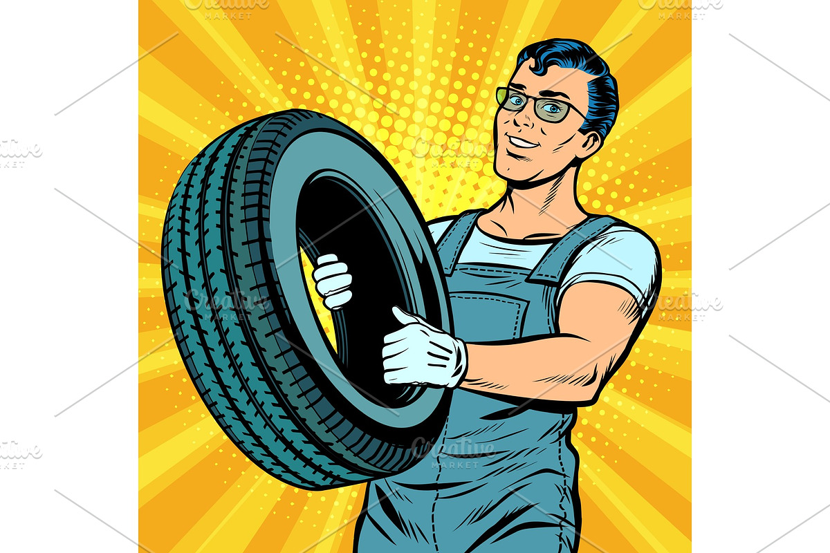 Male car mechanic with wheel in Illustrations - product preview 8