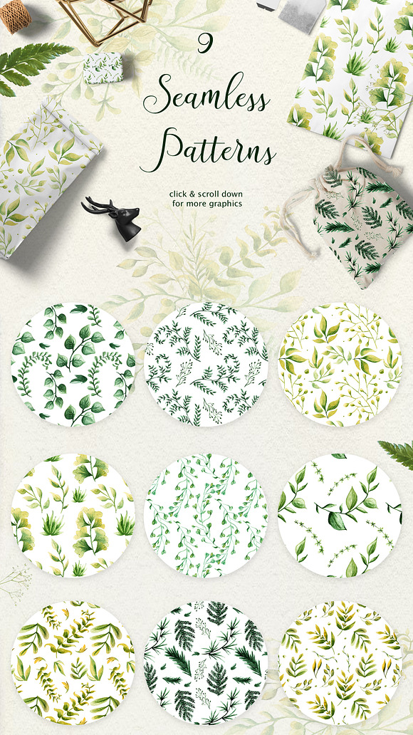 Herbaceous Greens-watercolor set in Illustrations - product preview 3