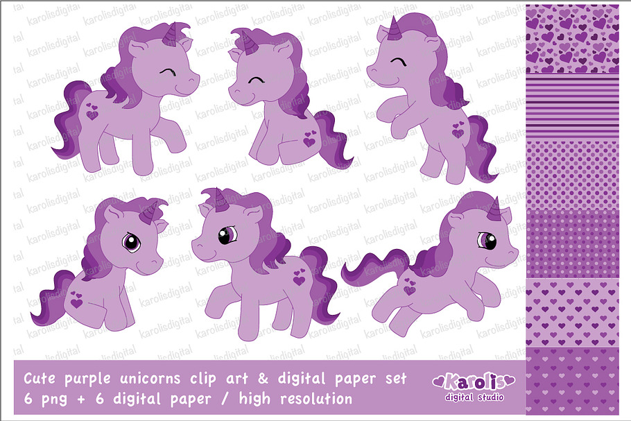 Purple unicorns / clip art set in Illustrations - product preview 8