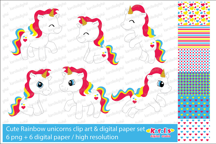Rainbow unicorns / clip art set in Illustrations - product preview 8