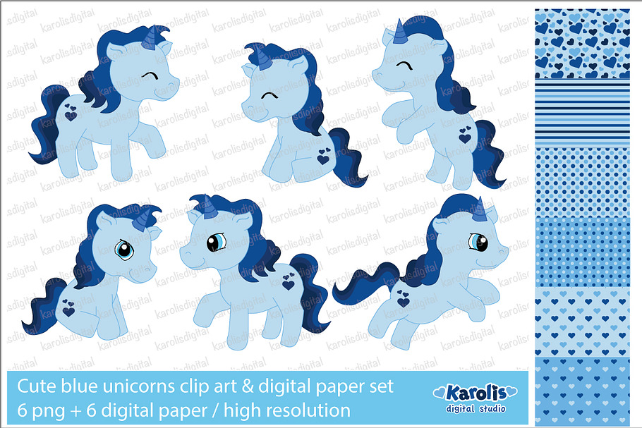 Blue unicorns / clip art set in Illustrations - product preview 8