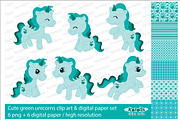 Green unicorns / clip art set