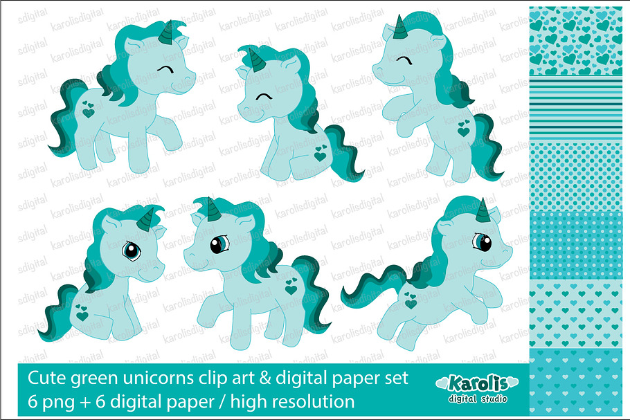 Green unicorns / clip art set in Illustrations - product preview 8