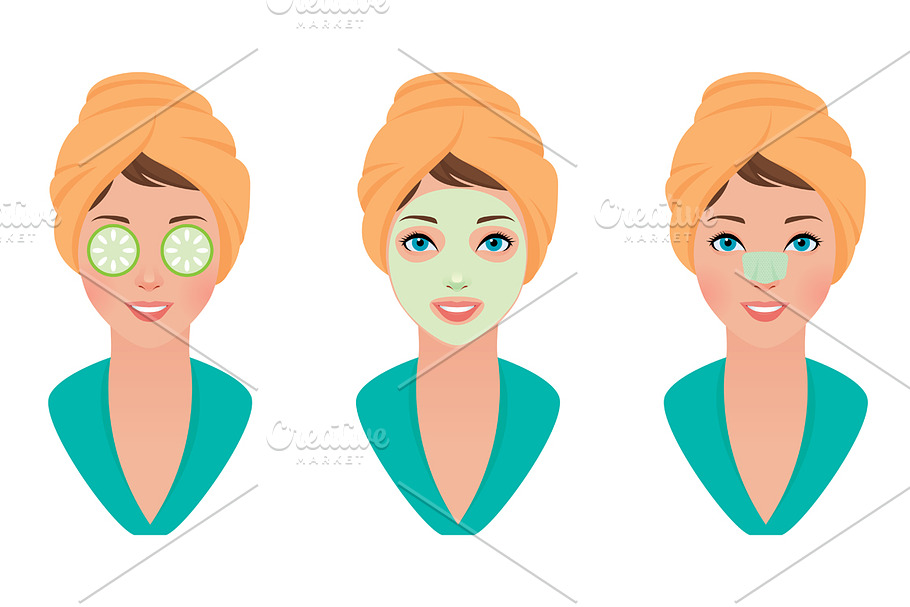 Set woman skin care face in Illustrations - product preview 8