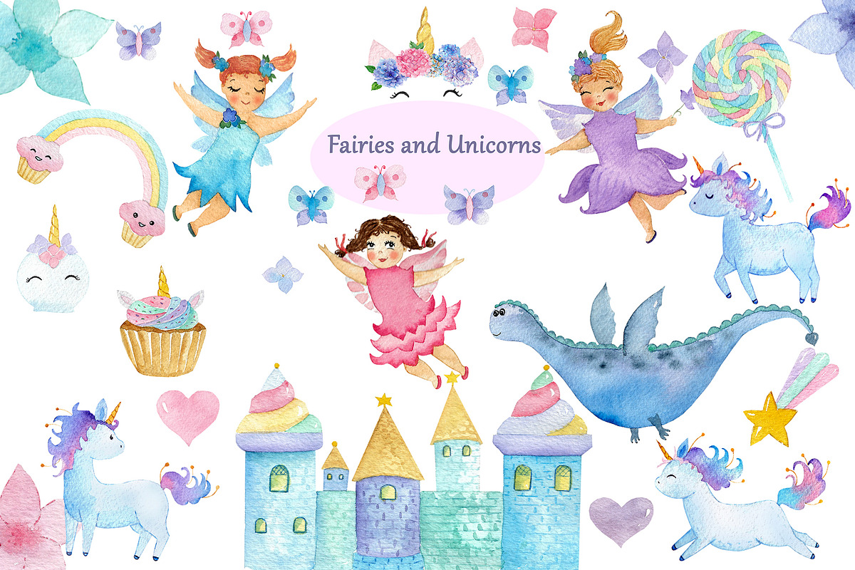 Watercolor Fairies and Unicorns in Illustrations - product preview 8