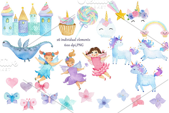 Watercolor Fairies and Unicorns in Illustrations - product preview 1