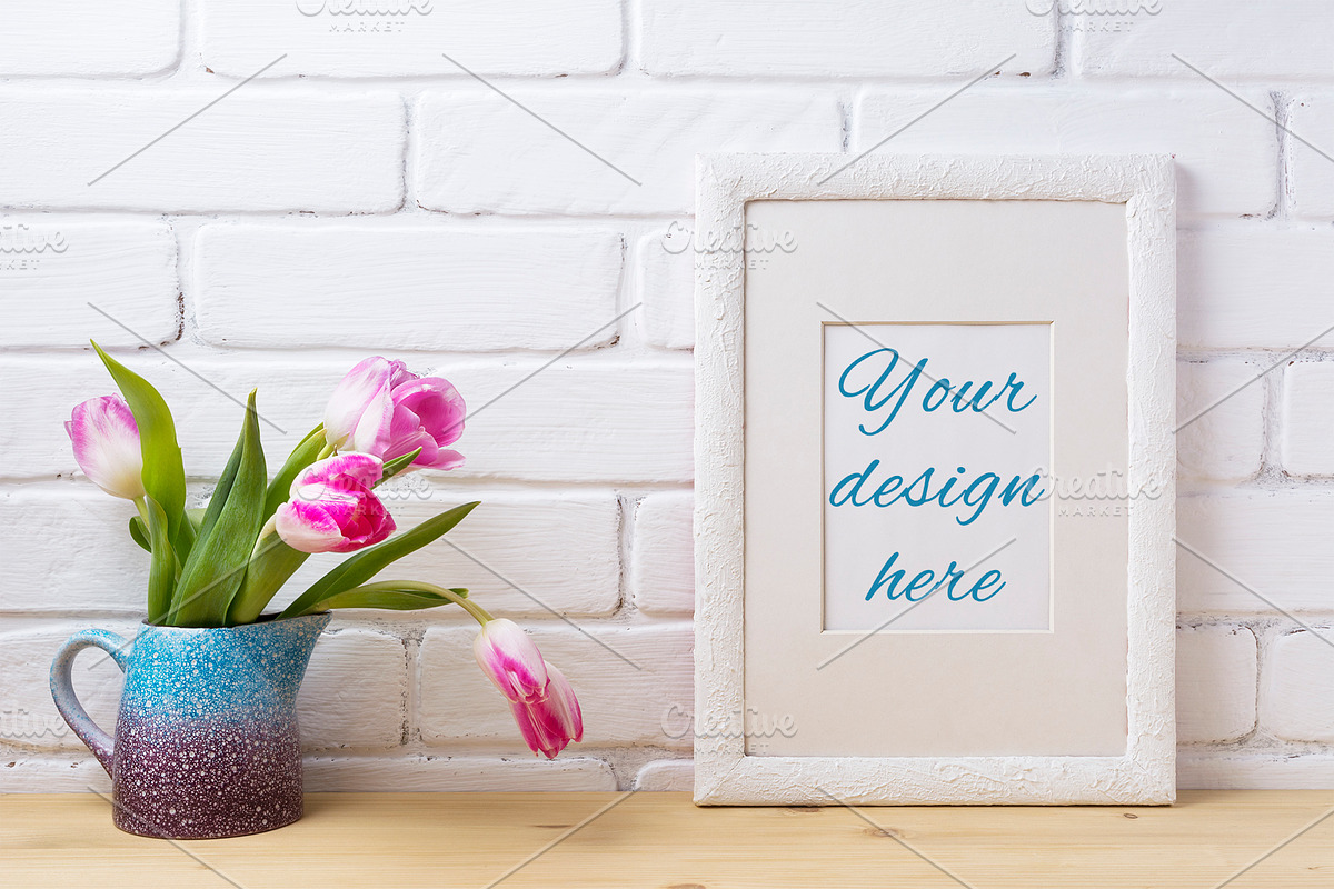 White frame mockup with pink tulip i in Print Mockups - product preview 8