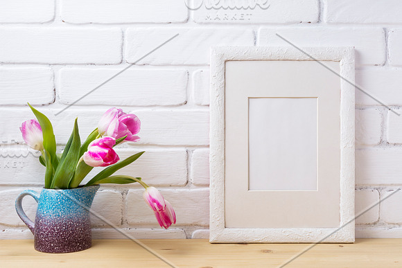 White frame mockup with pink tulip i in Print Mockups - product preview 2