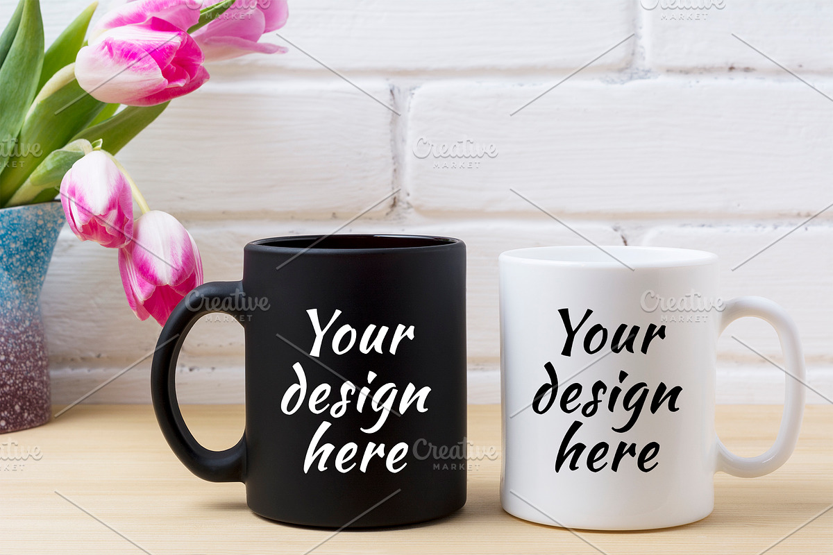 Black coffee mug and white cappuccin in Product Mockups - product preview 8