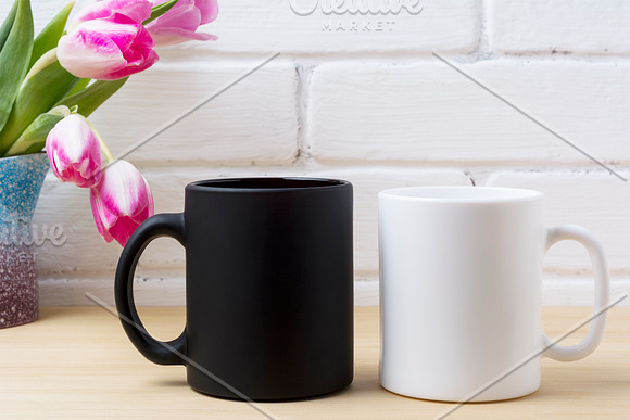 Black coffee mug and white cappuccin in Product Mockups - product preview 1