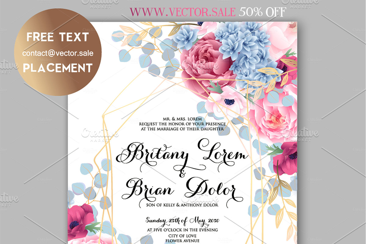 Peony wedding invite www.vector.sale in Postcard Templates - product preview 8