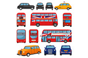 London car vector british cab taxi and uk red bus for transporting in england illustration set of tourism transportation in united kingdom by vehicle or english automobile isolated on white background