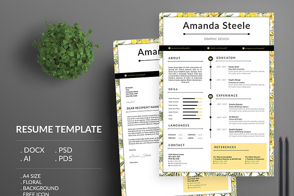 Yellow Floral Resume Template / N