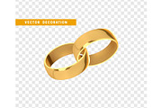 Golden wedding rings, realistic design isolated on transparent background