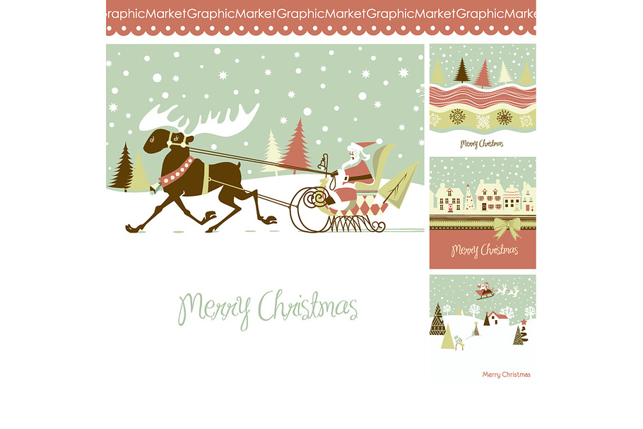 4 Christmas cards, houses, reindeer