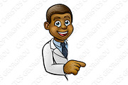 Scientist Cartoon Character Pointing at Sign