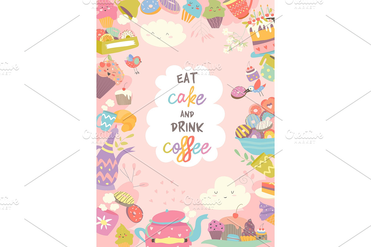 Cute frame composed of cup, cake and coffee in Illustrations - product preview 8