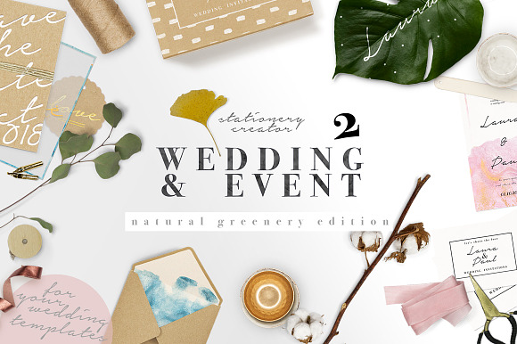 Natural Greenery Wedding Paper Set in Scene Creator Mockups - product preview 3
