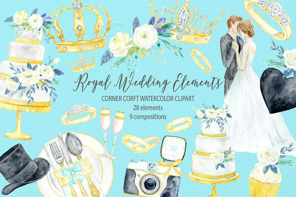 Watercolor Royal Wedding Icons in Illustrations - product preview 8