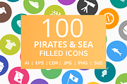 100 Pirate & Sea Filled Round Icons