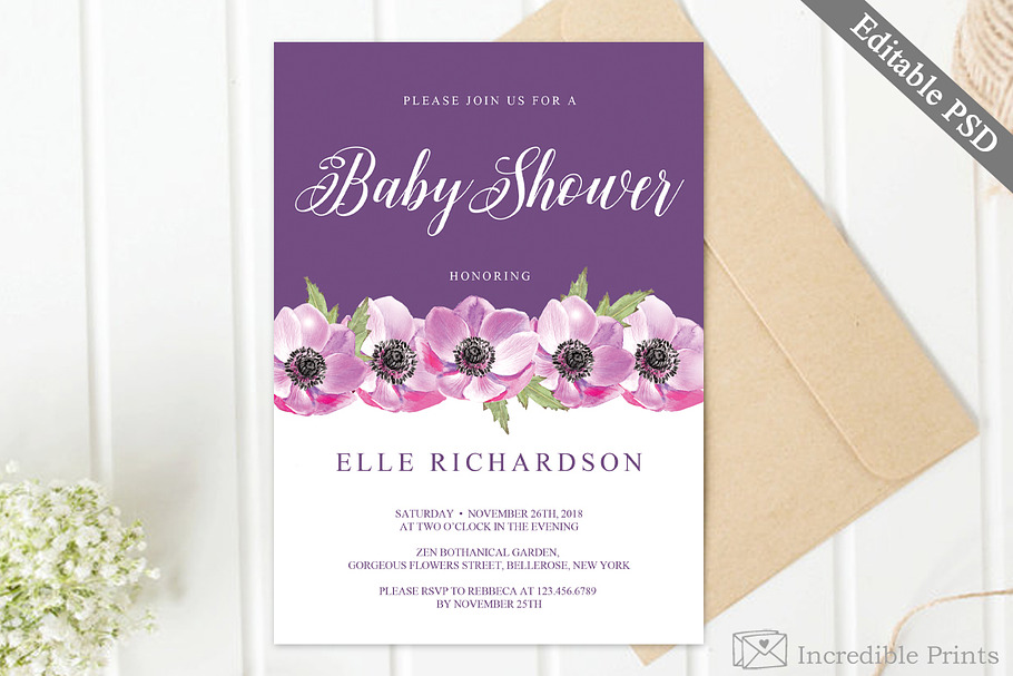 Purple Baby Shower Invitation in Card Templates - product preview 8