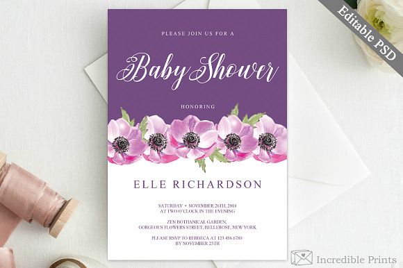 Purple Baby Shower Invitation in Card Templates - product preview 1