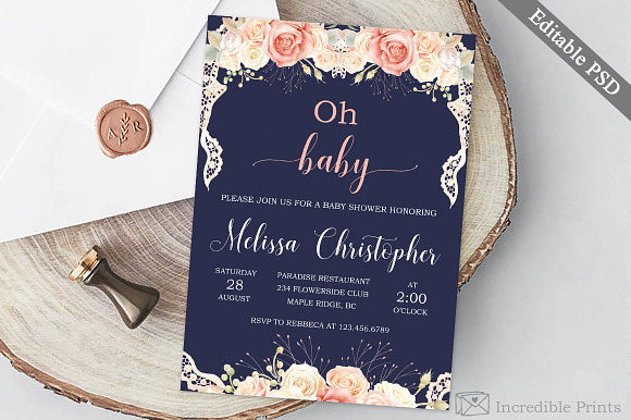 Navy and Pink Baby Shower in Card Templates - product preview 2