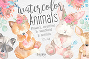 Watercolor Animals, Flowers Clipart