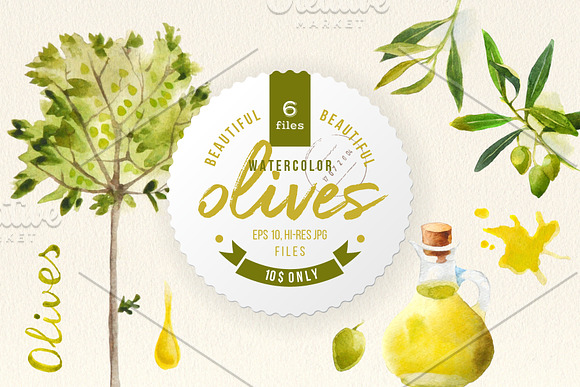 Watercolor olives set in Illustrations - product preview 2