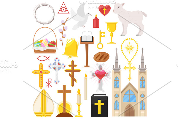 Religion vector catholic church or cathedral and religious sings of christianity illustration set of christian cross or bible with candles isolated on white background