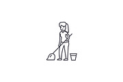 cleaning with a mop vector line icon, sign, illustration on background, editable strokes