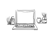 Workplace with laptop, notebook, tablet. Interior sketch