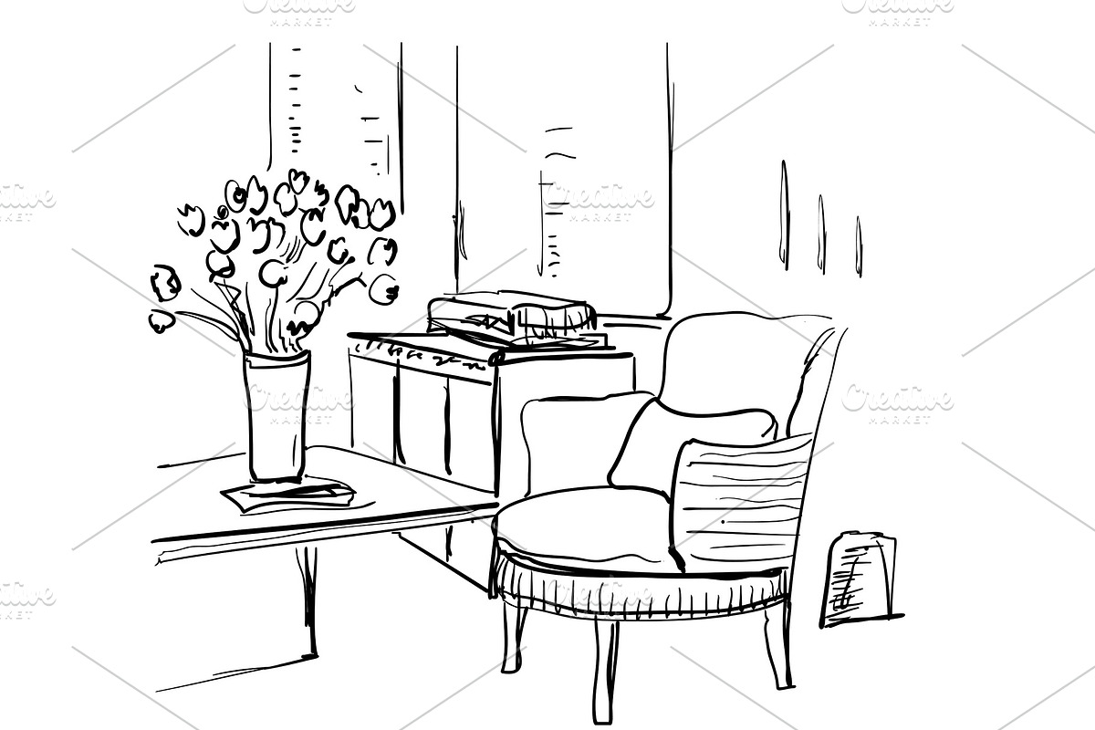 Modern interior room sketch. Table, chair, flowers in Illustrations - product preview 8