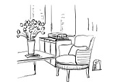 Modern interior room sketch. Table, chair, flowers