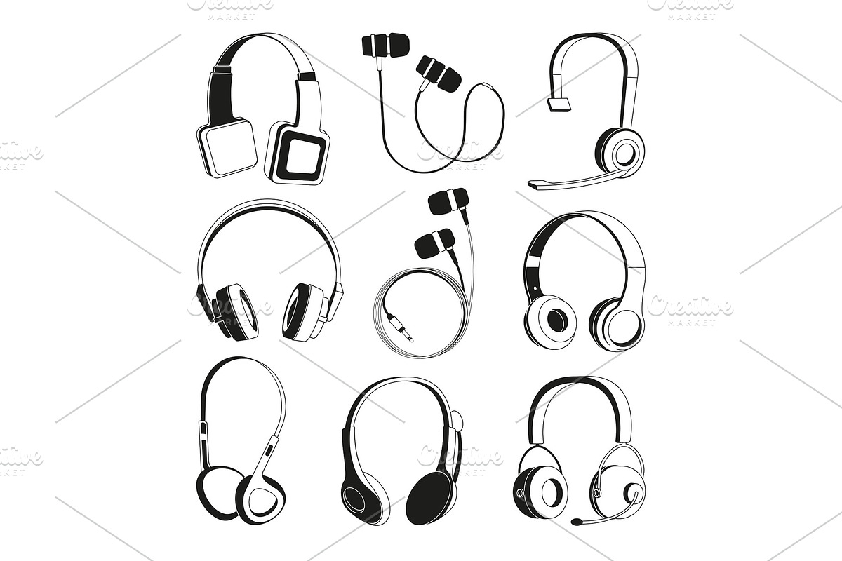 Monochrome illustrations set. Silhouette of headphones in Graphics - product preview 8