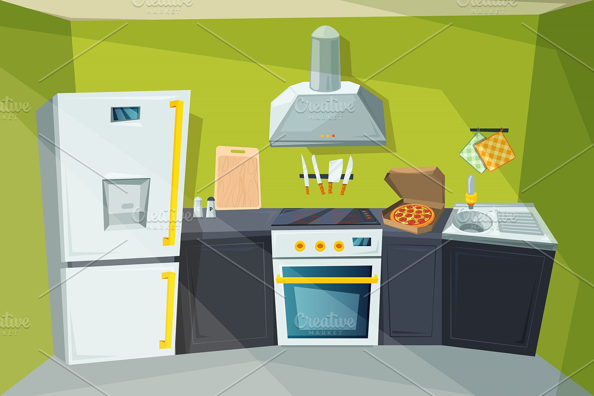 Cartoon illustration of kitchen interior with various modern furniture in Graphics - product preview 8